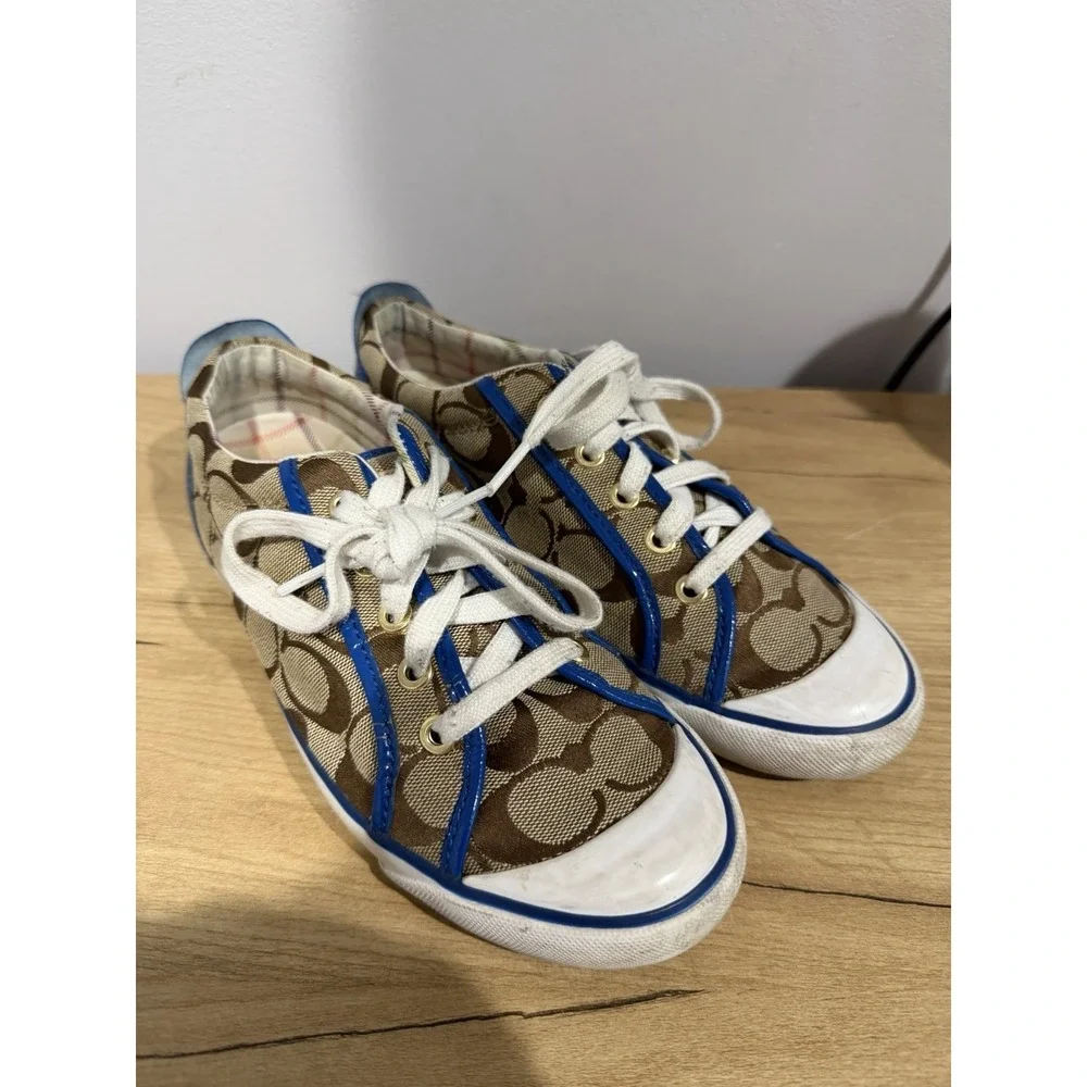 COACH Barrett Signature Canvas Sneakers Women's Size 7.5 Brown Khaki Blue L